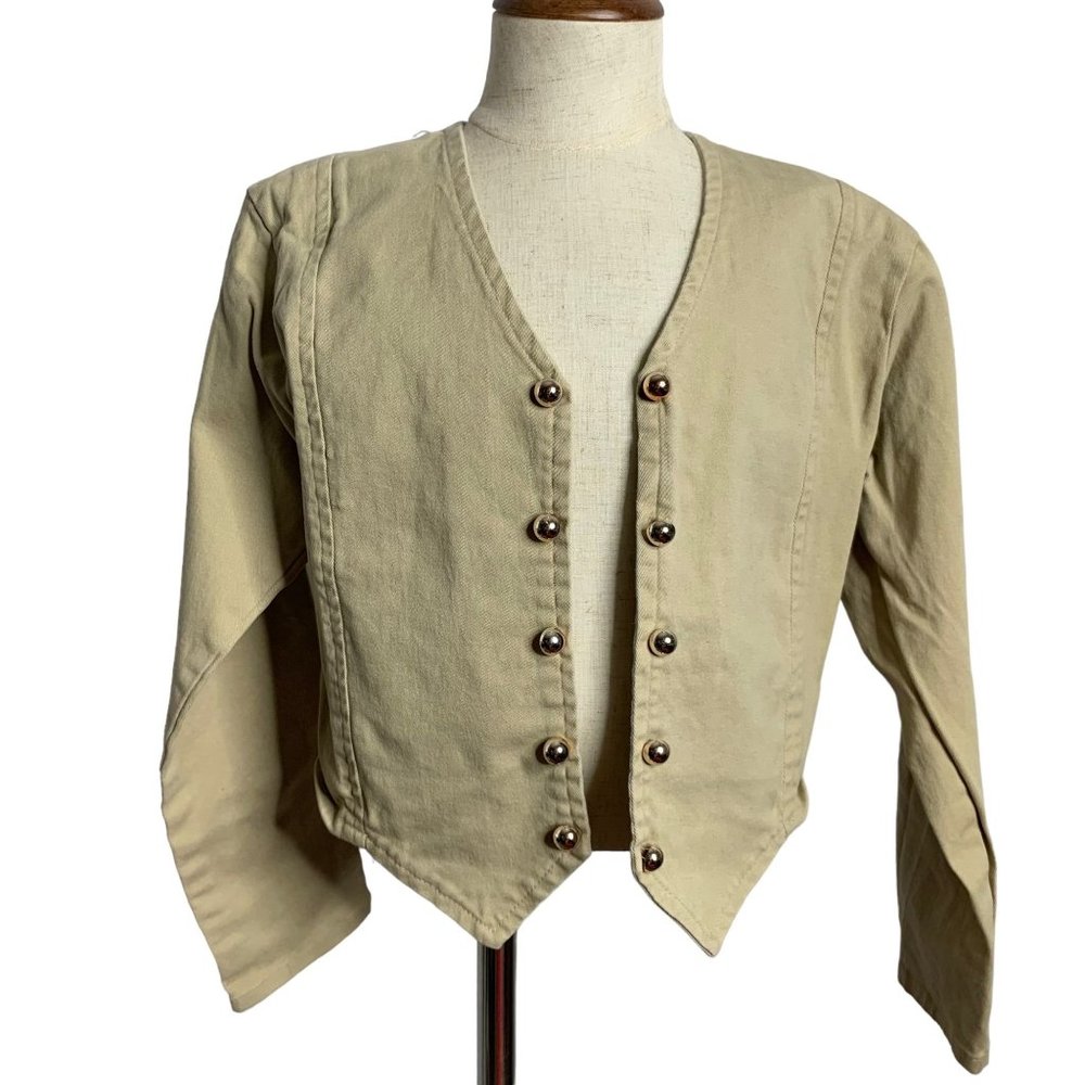 Vintage 90s Esprit Girls Cropped Jacket 14 Tan Long Sleeves Buttons Open Front